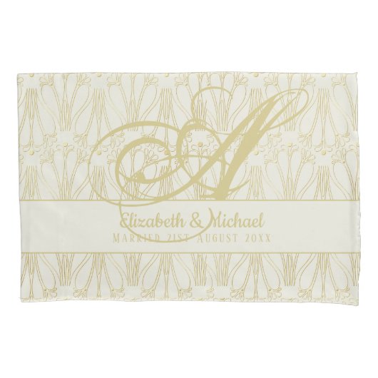 Housse D'oreillers Monogram Gold ArtDeco Newlyweds Mariage Élégant (devant)