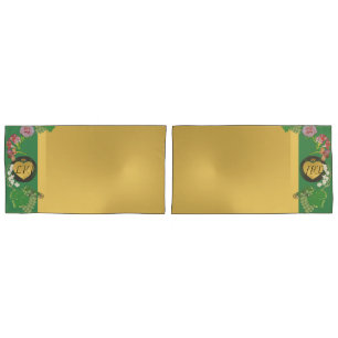 Housse D'oreillers Monogramme Anniversaire Floral Green/Gold Pillowca