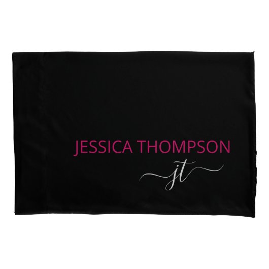 Housse D'oreillers Monogramme de nom de script simple rose noir moder (devant)