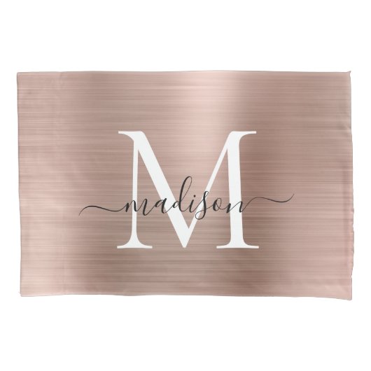 Housse D'oreillers Monogramme or rose Script Élégant Métal brossé (devant)