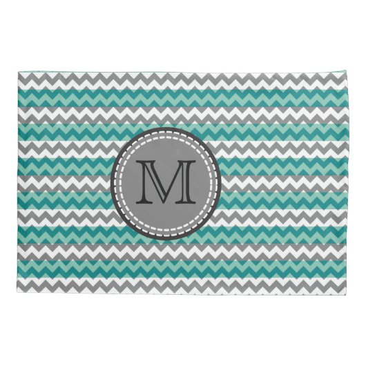 Housse D'oreillers Monogramme Turquoise et Grey Chevron Zigzag (Dos)