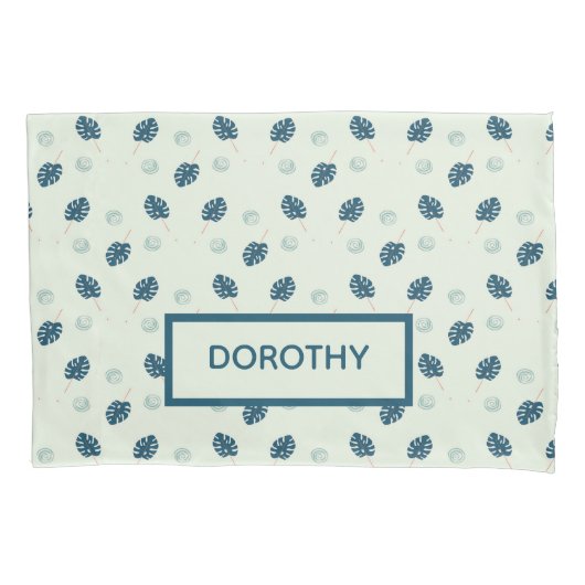 Housse D'oreillers Monstère tropicale monogramme feuille sur bleu (devant)