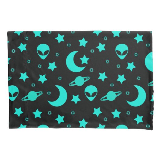 Housse D'oreillers Motif Alien turquoise avec étoiles et lunes (devant)