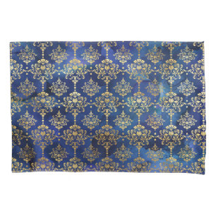Housse D'oreillers Motif bleu aquarelle avec damas doré
