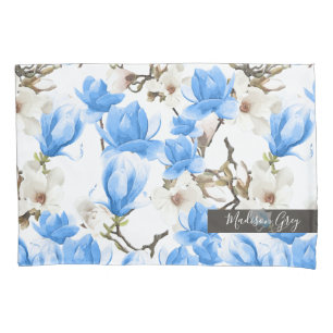Housse D'oreillers Motif d'aquarelle bleu et blanc en fleurs de Magno
