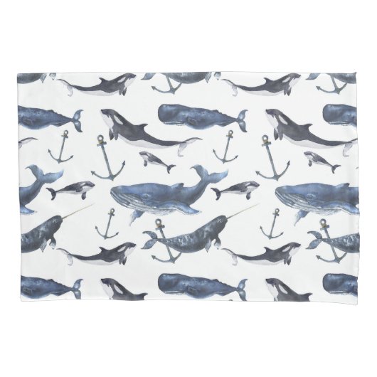 Housse D'oreillers Motif de baleine et d'Ancre d'aquarelle (devant-gauche)