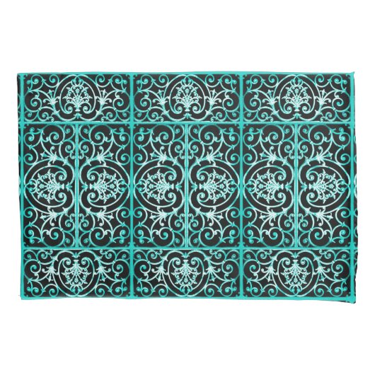 Housse D'oreillers Motif de défilement du Verdigris et du noir (devant)
