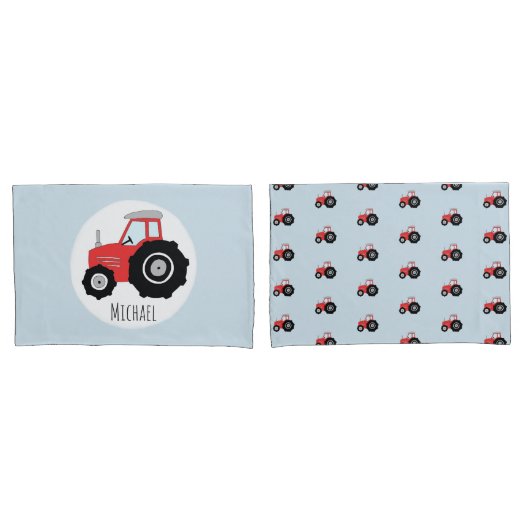 Housse D'oreillers Motif de tracteur rouge avec nom d'enfant (devant-Set)