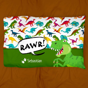 Housse D'oreillers Motif Dinosaure coloré avec le nom T-Rex Green Pi