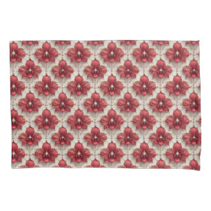 Housse D'oreillers Motif d'orchidée rouge élégant avec perles