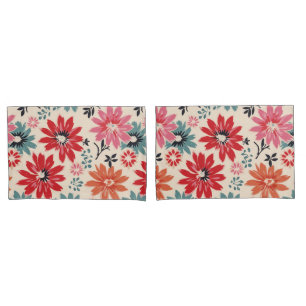 Housse D'oreillers Motif Fleur Rétro Rouge Orange Bleu