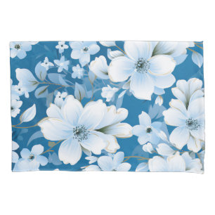 Housse D'oreillers motif, fleurs blanches, arrière - plan bleu,
