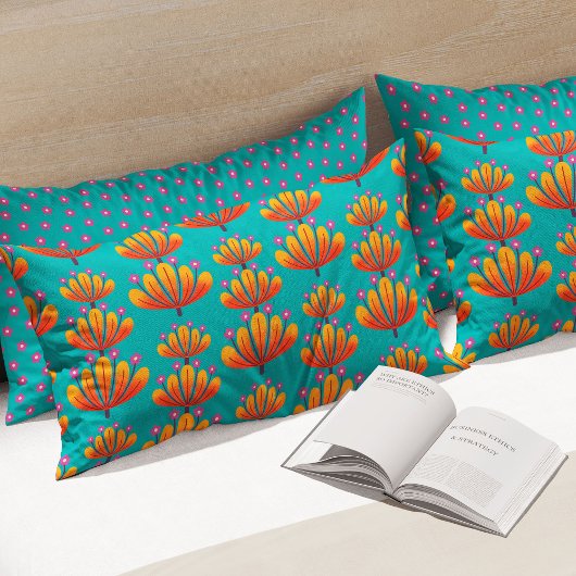 Housse D'oreillers Motif floral moderne en turquoise et orange