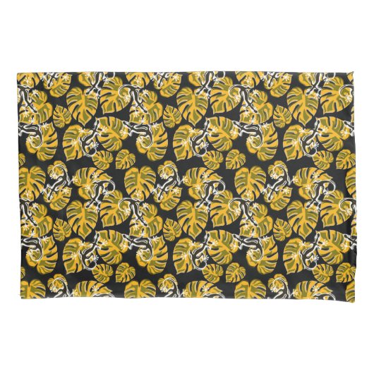 Housse D'oreillers Motif Jaune Et Noir - Geckos Et Feuilles (devant)