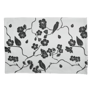 Housse D'oreillers Motif noir sur oiseaux et fleurs de cerisier argen