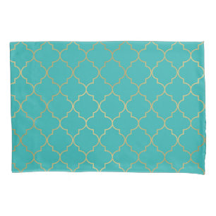 Housse D'oreillers Motif Quatrefoil turquoise et Gold