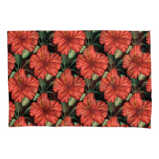 Housse D'oreillers Motif sans couture Fleurs rouges tropicales feuill (devant-gauche)