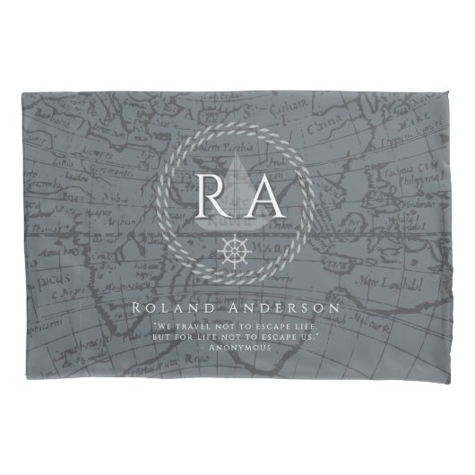 Housse D'oreillers Nautical Rope Monogram Map Grey (devant)