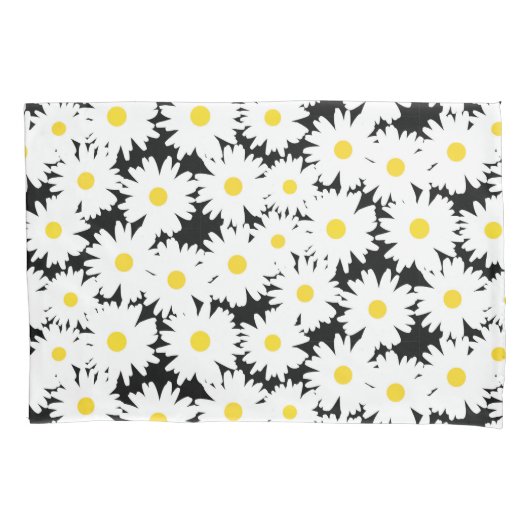 Housse D'oreillers Négative Space Daisies blanc jaune sur noir (devant)