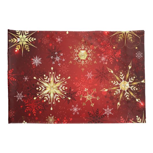 Housse D'oreillers Noël Golden Snowflakes sur Arrière - plan rouge (Dos-Droit)