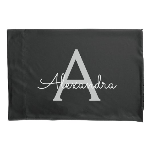 Housse D'oreillers Noir Argent moderne Script Girl Monogramme Nom (devant)