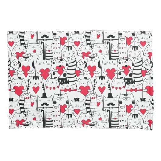 Housse D'oreillers Noir Blanc Cute Chat Coeur Rouge (devant)