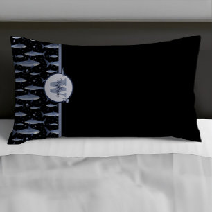 Housse D'oreillers Nom + Aquarelle Monogramme Requin   Noir et Bleu