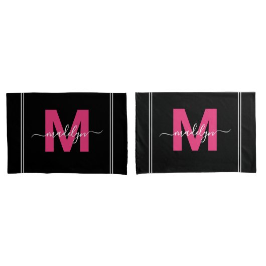 Housse D'oreillers Nom de script monogramme Black Pink (devant-Set)