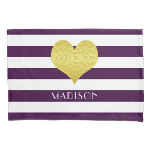 Housse D'oreillers Nom Gold Heart Purple White Stripes Motif