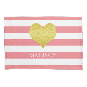 Housse D'oreillers Nom Gold Heart Rose White Stripes Motif