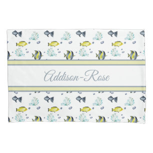 Housse D'oreillers Nom Jaune Bleu Tropical Poisson Motif Nursery