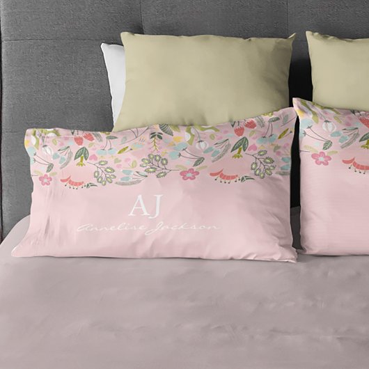 Housse D'oreillers Nom monogramme chic floral rose fille personnalisé