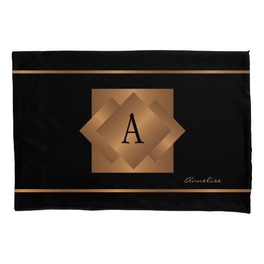 Housse D'oreillers Nom monogrammé élégant or noir chambre à coucher (devant)