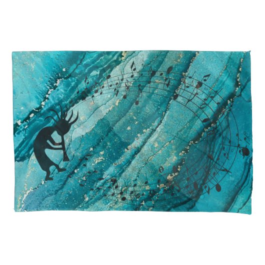 Housse D'oreillers Notes musicales Turquoise Kokopelli (devant)