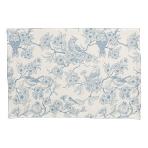 Housse D'oreillers Oiseaux et fleurs de cerisier en bleu et blanc cas