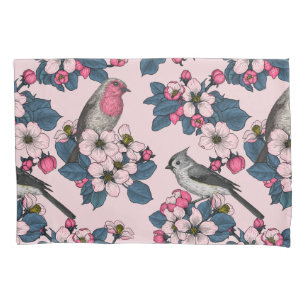 Housse D'oreillers Oiseaux et fleurs roses