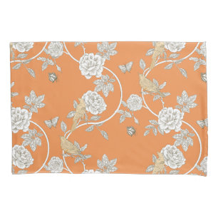 Housse D'oreillers Orange Chinoiserie Fleurs et oiseaux