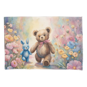Housse D'oreillers Ours en peluche et lapin dans un jardin pastel