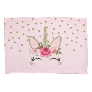 Housse D'oreillers Paillettes dorées et licorne florale rose tendance