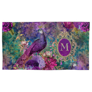 Housse D'oreillers Paon Élégant Vintage Violet Turquoise Or Monogramm
