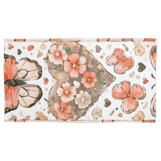 Housse D'oreillers Papillons, Coeurs et Fleurs (devant)