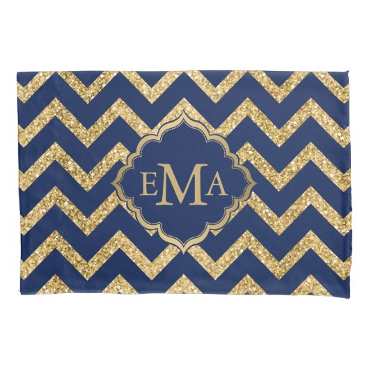 Housse D'oreillers Parties scintillant or bleu Chevron Zigzag Motif M (devant)