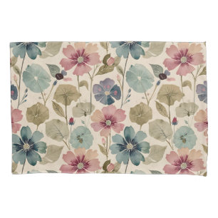 Housse D'oreillers Pastel Turquoise et Fleurs Mauve Vintage Moderne
