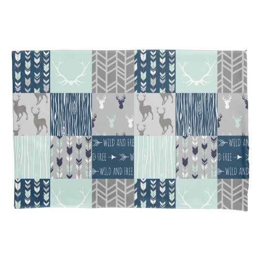 Housse D'oreillers Patchwork de bois en menthe, marine et gris (devant)