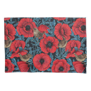 Housse D'oreillers Pavot rouge et brunes, feuilles bleus sur noir