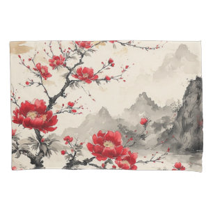 Housse D'oreillers Paysage Japonais aux Fleurs Rouges