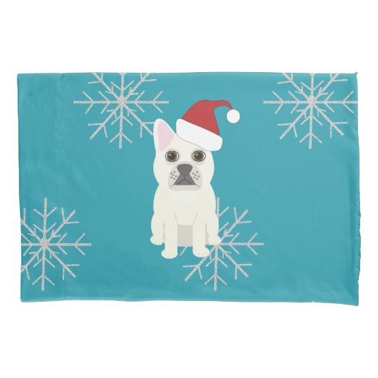 Housse D'oreillers Père Noël Frenchie, Flocons Bleu (devant)