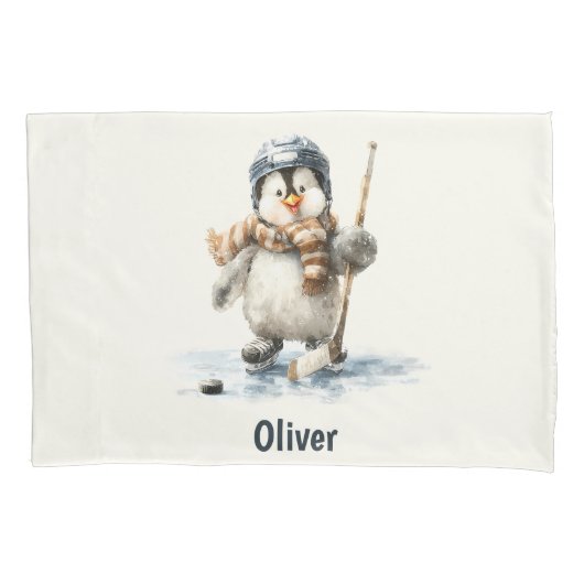 Housse D'oreillers Personalized Winter Penguin Hockey Kid (devant)