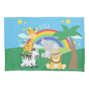Housse D'oreillers Petits enfants Safari Jungle Animaux et prénom