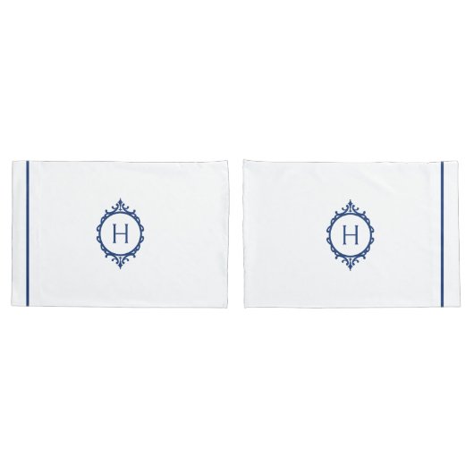 Housse D'oreillers Pillowcase Monogramme bleu et blanc de Chelsea (Dos-Set)